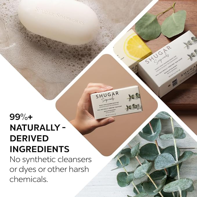 Shugar Soapworks Oatmeal & Eucalyptus 5 oz Beauty Bar Soap 8-Pack | Plant-Based Formula | Sulfate & Paraben Free | Moisturizing Gentle Cleanser for Sensitive Skin, Body & Hands
