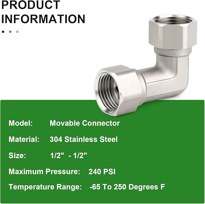 TAISHER 2PCS 304 Stainless Steel 90 Degree Elbow 2 Ends Flexible Movable Connector, 1/2" Female for Sprayer, Angled Valve, Shower Arm