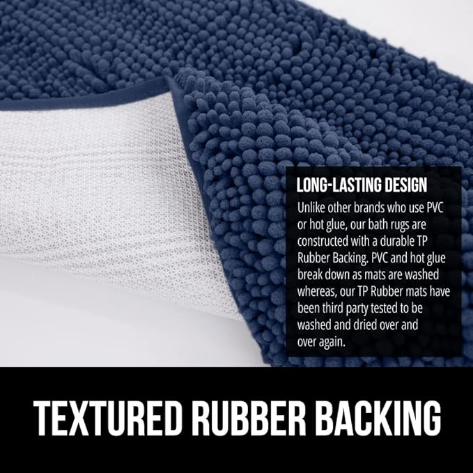 GORILLA GRIP Bath Rug Mat 30x20, Soft Absorbent Chenille, Quick Dry Microfiber Mats, Rubber Backing Washable Shower Floor Rugs, Bathmat Runner, US Designed Bathroom Home Decor Accessories Navy Blue