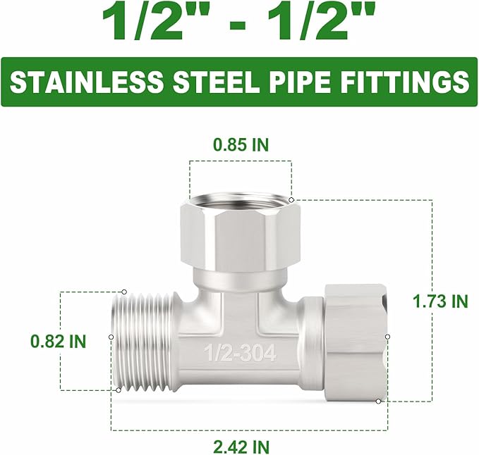 TAISHER 2PCS 304 Stainless Steel 3 Way Left&Top 2 Ends Flexible Movable Tee Connector, 1/2" Male for Sprayer, Angled Valve, Shower Arm