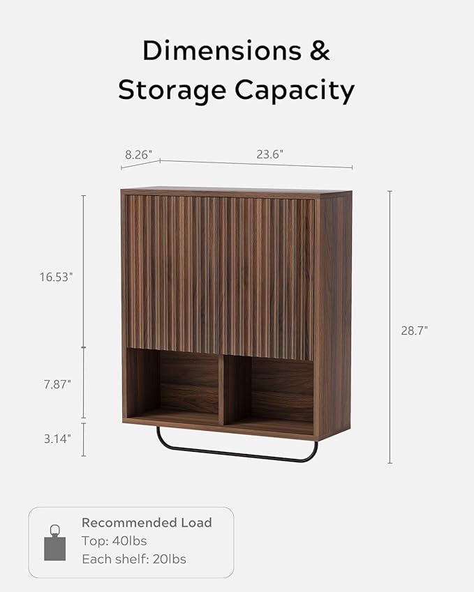 Bathroom Wall Cabinet, Fluted Wooden Medicine Cabinet Storage with 2 Doors, Adjustable Shelf and Towels Bar, Modern Wall Mount Large Floating Cabinet for Kitchen Laundry Room Brown