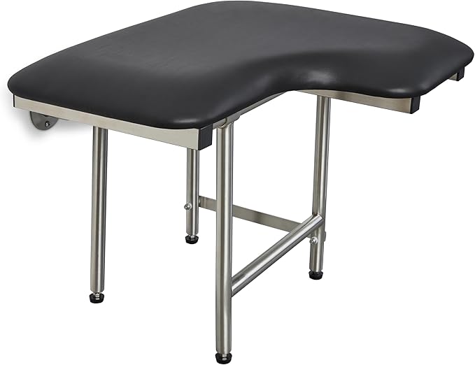 32" x 22.5" Black Padded Wall Mount Folding Left-Handed Transfer Bench Shower Seat with Legs, ADA Compliant