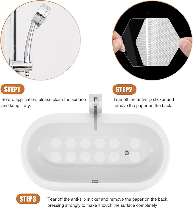 Bathtub Stickers Non-Slip, 24 PCS Hexagon White Safety Shower Treads Adhesive Appliques with Premium Scraper