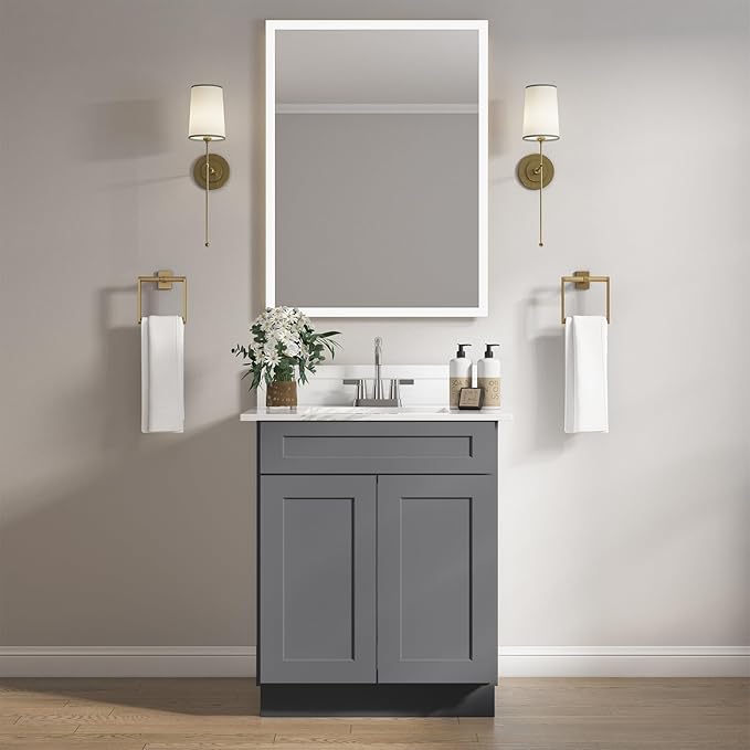 ROOMTEC Bathroom Cabinet, 24'' Free Standing Single Bathroom Vanity with 1 False Drawer and 2 Doors,Morden Bathroom Sink Vanity Storage Cabinet, Shaker Gray