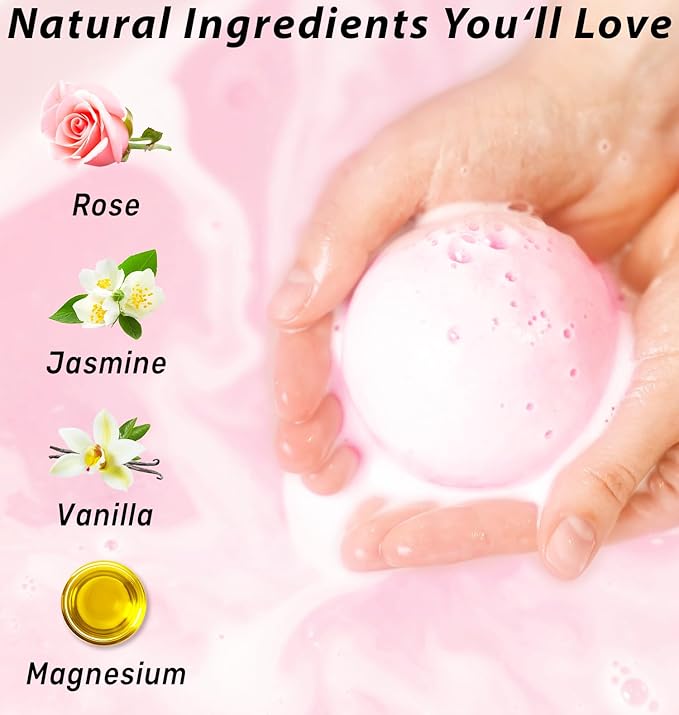 Magnesium Rose Vanilla Bath Bomb Mega Foaming Bubbles Infused with Vanilla Jasmine Luxurious Spa Bath Essentials Nourishing Dry Skin Stress Relief Bath Gift