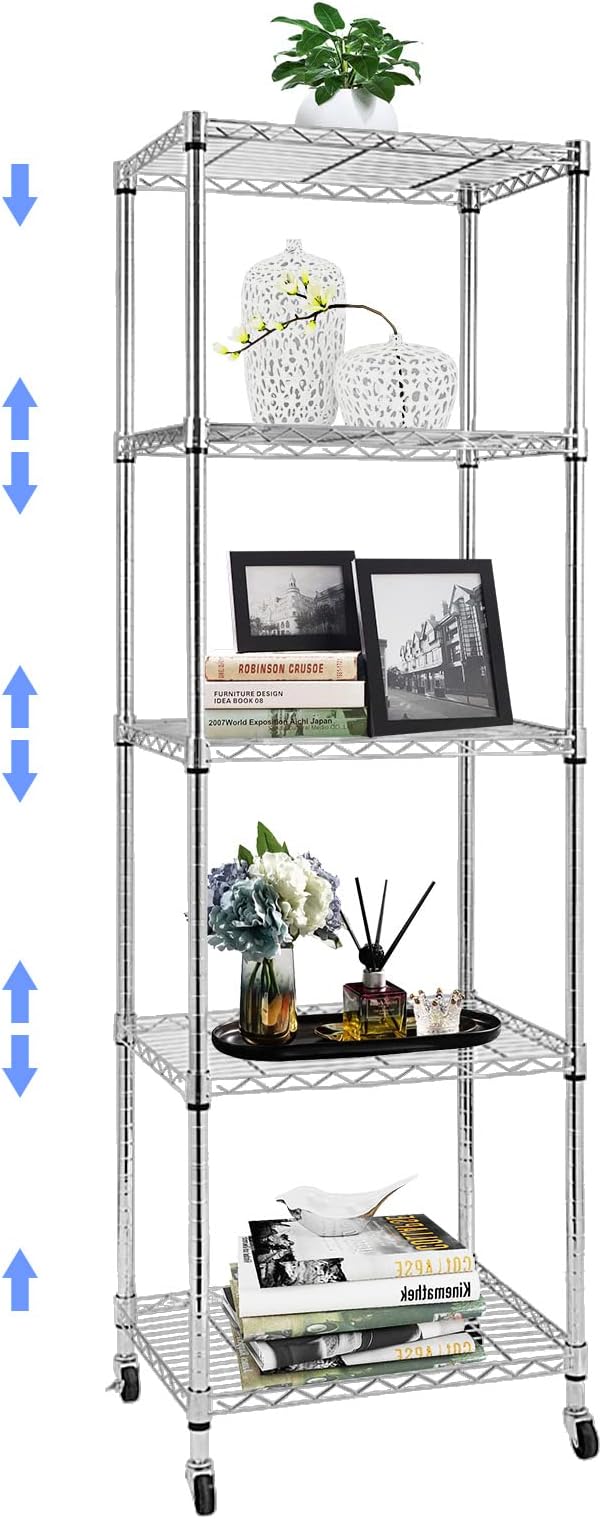 BNSPLY 5 Tier Narrow Wire Shelving Unit with Wheels, Height Adjustable Wire Shelves with NSF Certified, Mobile Metal Storage Rack for Kitchen, Laundry, Bathroom (17.7" D x 23.6" W x 71" H, Chrome)