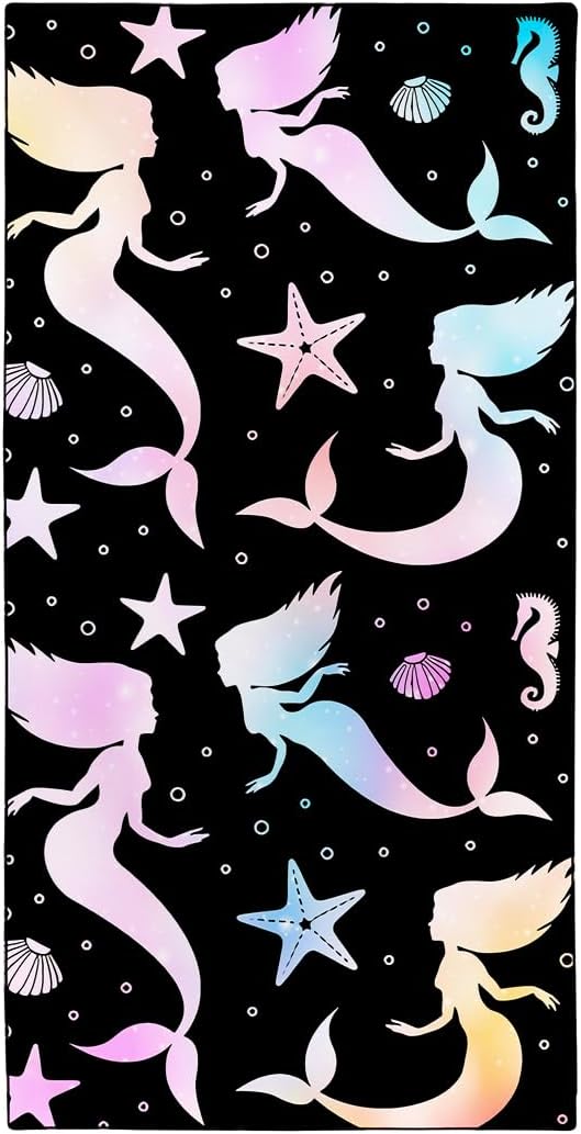 Mermaid Silhouette Beach Towel 36"x72" Quick-Dry Soft Microfiber with Starfish Seahorse Pattern Black Background
