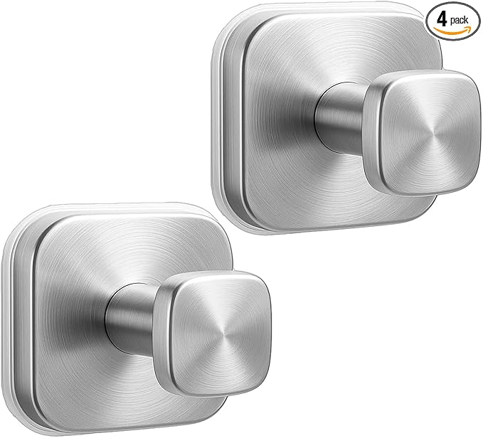 4Pcs Square Suction Cup Hook, 304 Stainless Steel Shower Hook, Removable Suction Cup Knob for Shower, Bathroom, Kitchen, Glass Door, Mirror (Silver)