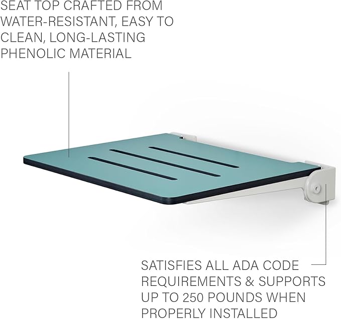 18 inch Silhouette Slimline Folding Wall Mount Shower Bench Seat, Teal Seat with White Frame