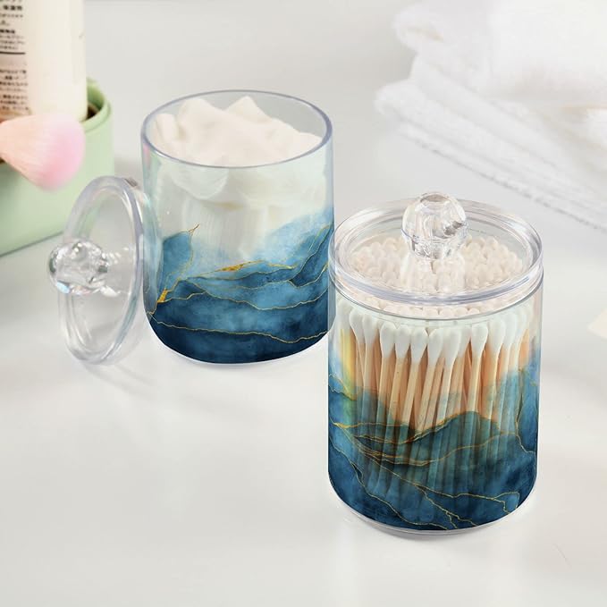 4 Pack Qtip Holder Organizer Dispenser Blue Watercolor Marble Bathroom Containers Bathroom Vanity Storage Canister Apothecary Jars for Cotton Swabs/Pads/Floss