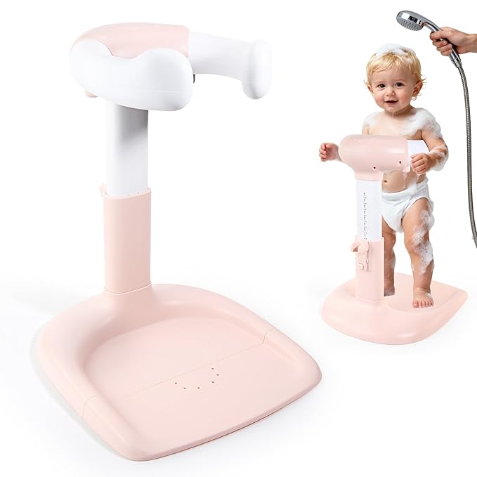 Baby Shower Stand for Infant to Toddler 6–36 Months, Baby Bath Stand Support with Adjustable Height, Anti-Slip Stable Design, Multi-Purpose Toddler Bath Helper, Infant Shower Gifts,Pink