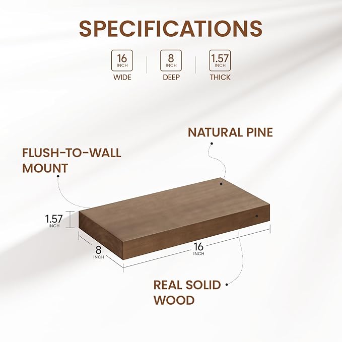 Heimlove Floating Shelves for Wall,2 Packs 16 inches Natural Pine Solid Wood Floating Shelves, 8 inches Deep Wooden Shelves for Kitchen Bedroom Office & Living Room Wall Decor