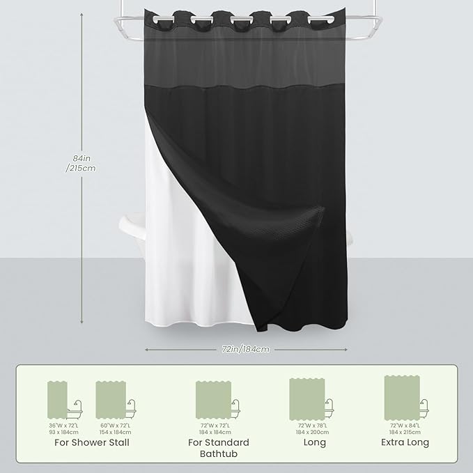 Inhousolu Extra Long No Hook Shower Curtain with Snap in Fabric Liner Set Waffle Weave 230GSM Weighted Hem, Waterproof & Washable Bathroom Curtain Spa Luxury with Mesh Top Window 72" W x 84" L Black