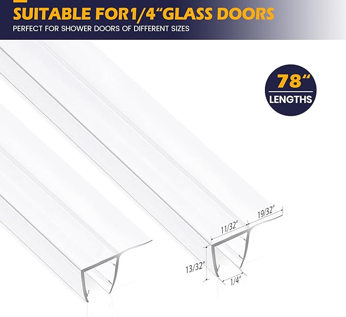 Shower Glass Door Side Seal, 2PCS 78 Inch Ultra Clear PVC Seal Strip with Long Sweep for 1/4"(6mm) Thick Framless Glass Door, to Stop Water Leakage