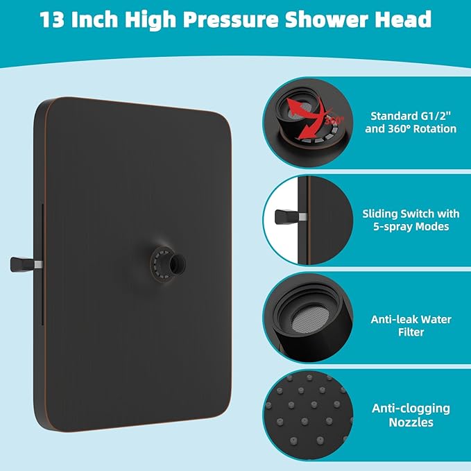 Hibbent 5 Spray Modes Shower Head, 13'' High Pressure Rain Shower Head, Large Rainfall Showerhead, High Flow Waterfall Bathroom Fixed Showerheads with Adjustable Swivel Ball Joint, Oil Rubbed Bronze