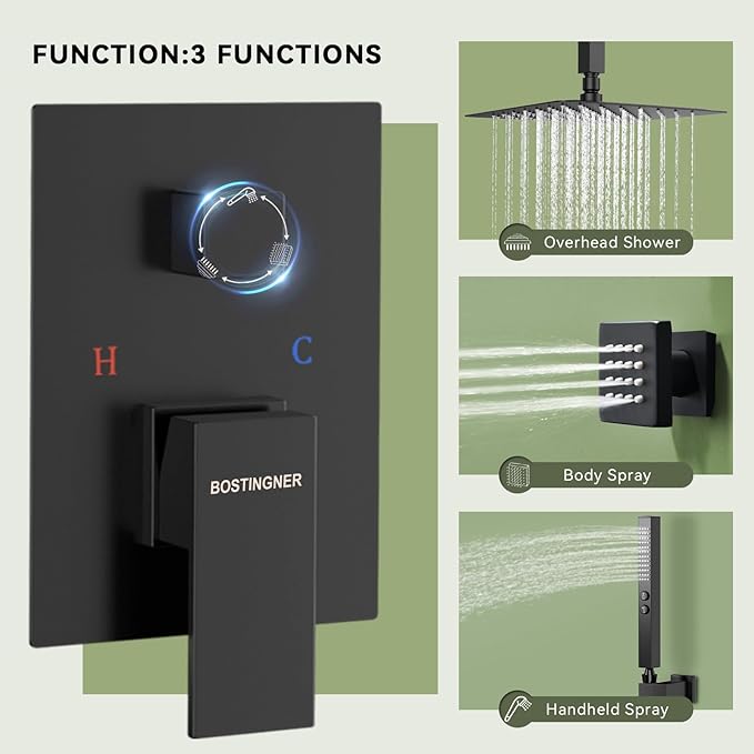 Shower Faucets Sets Shower System with Body Jets, Bostingner 10" Rain Shower Head with 2 In 1 Handheld Spray and 4 Jets, Ceiling Mount All Metal 3 Way Shower Set with Valve and Trim Kit, Matte Black