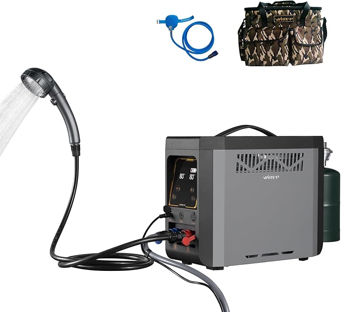 Powered Portable Water Heater, Battery-Powered Camping Water Heater, On-Demand Propane Camping Shower & Shower Pump Constant Temperature, Rechargeable Battery