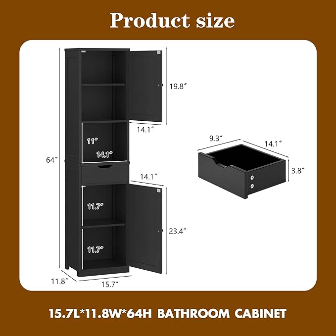 Walsunny Tall Bathroom Storage Cabinet with Freestanding Adjustable Shelves, Narrow Storage Linen Cabinet with 2 Doors and 1 Drawers for Bathroom, Living Room, Kitchen, Black