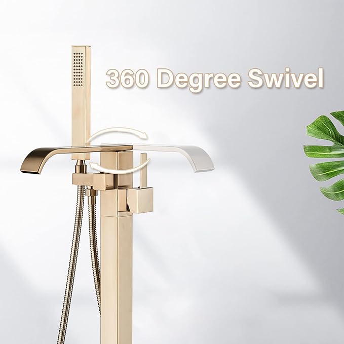Freestanding Bathtub Faucet Brushed Gold Floor Mount Waterfall Tub Filler High Flow with Hand Shower Solid Brass 360 Degree Swivel Standing Mixer Taps for Bathroom
