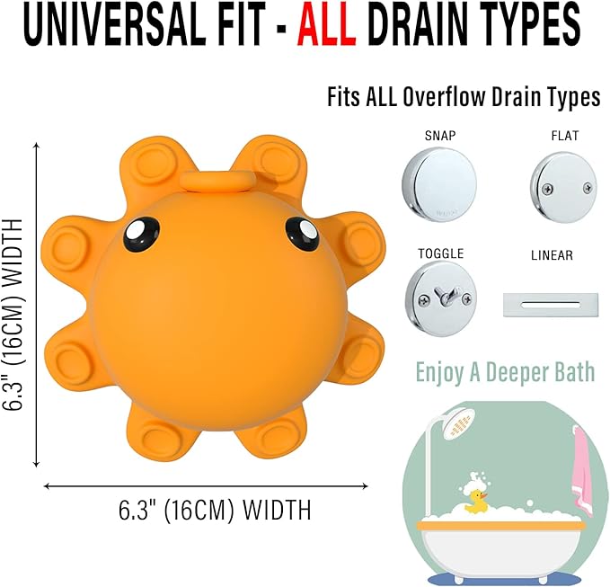 Bathtub Overflow Drain Cover - Tub Soak Bath Cover, Adds Inches of Water for Deeper Bath (Silicone, Yellow)