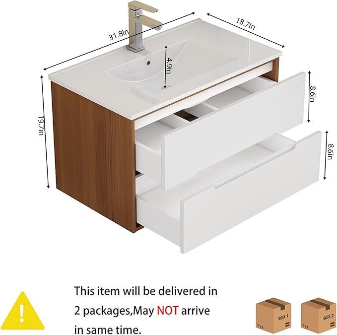 32" Wall Mounted Bathroom Vanity with Sink, Modern Floating Cabinet, Two-Tone Walnut & White Finish, 2 Soft Close Drawers, Handleless Design, Integrated Ceramic Top