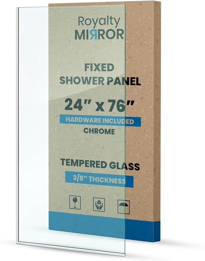 Royalty Fixed Shower Screen - 24" x 76" Frameless 3/8" Clear Tempered Glass Panel with Hardware - Easy Clean Smart Guard Coating - Minimalist Modern Design for Bathroom - Chrome
