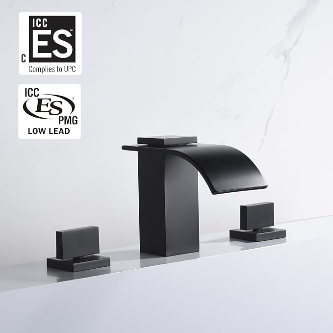 sumerain Black Waterfall Tub Faucet Deck Mount 3 Hole Widespread Bathtub Faucet with Valve