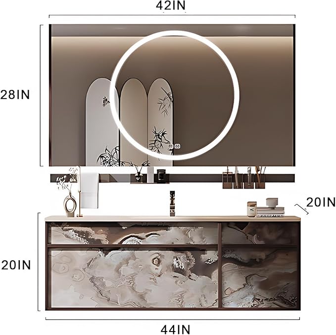 44IN Modern Bathroom Vanity with Sink - Bathroom Vanity with Drawer Organizer, LED Mirror Lights & Defogging Function | Wall - Mounted Vanity with Multifunctional Storage Rack