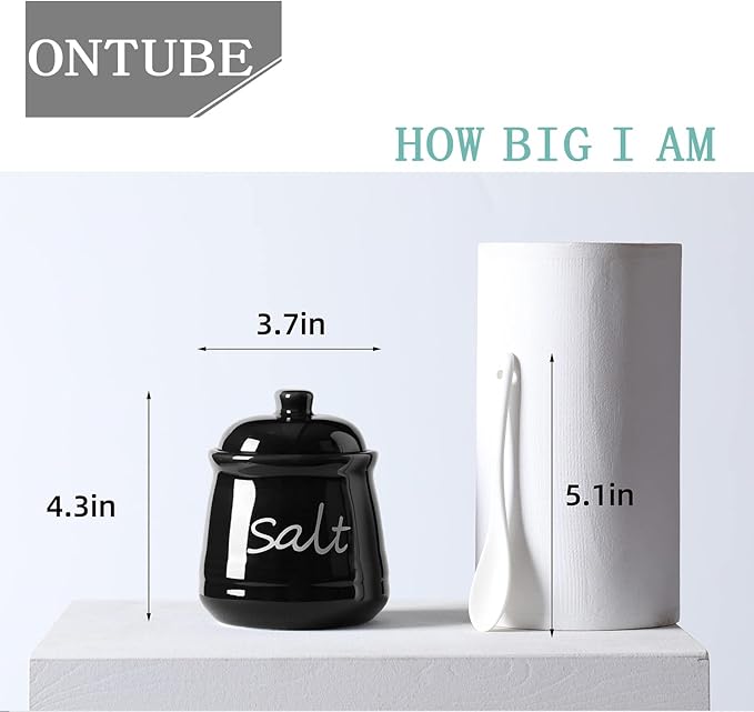 ONTUBE Ceramic Salt Bowl with Lid and Spoon 12oz (Black)
