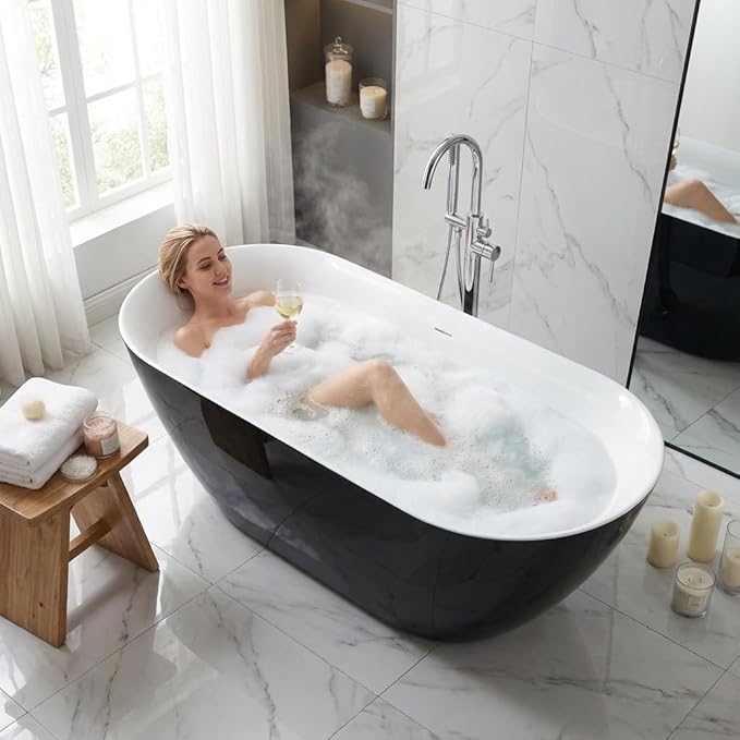 59 Inch Acrylic Freestanding Bathtub, Acrylic Soaking Bathtub with Matte Drain and Overflow, Modern Square Tub, cUPC Certified, Deep Ergonomic Design, Double-Walled Insulation, Easy Installation