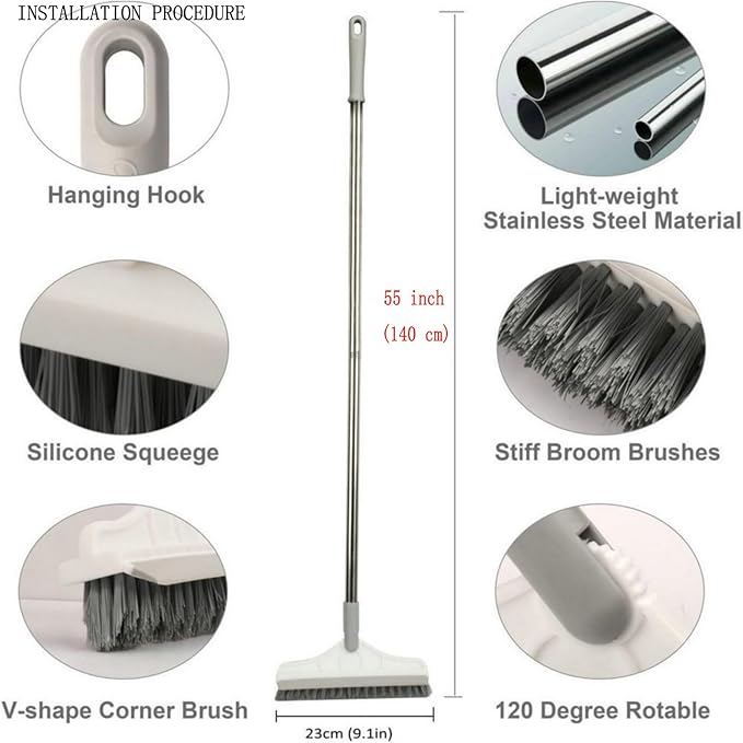 2 in 1 Cleaning Floor Scrub Brush Floor Brush Scrubber New Upgraded 53.5" Long Handle Grout Brush Scrape V-Shape Stiff Bristle Cleaning Brush with Squeegee 120°Rotating Tile Brush for Bathroom