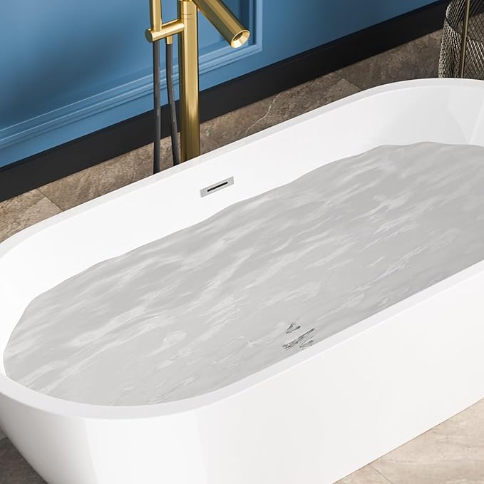 Sarlai 67 Inch Acrylic Freestanding Soaking Bathtub Contemporary Soaking White Tub Stand Alone Ergonomic Bathtub with Chrome Drain and Overflow