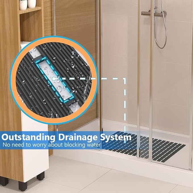 Bath Mat Non Slip Shower Mat Bathtub with Drain Holes and Heavy Duty Rubber No Suction Cups Sturdy Shower Stall Tub Mat for Bathroom, Shower Floor, Pool, SPA, (Black, 4FT X 11FT)