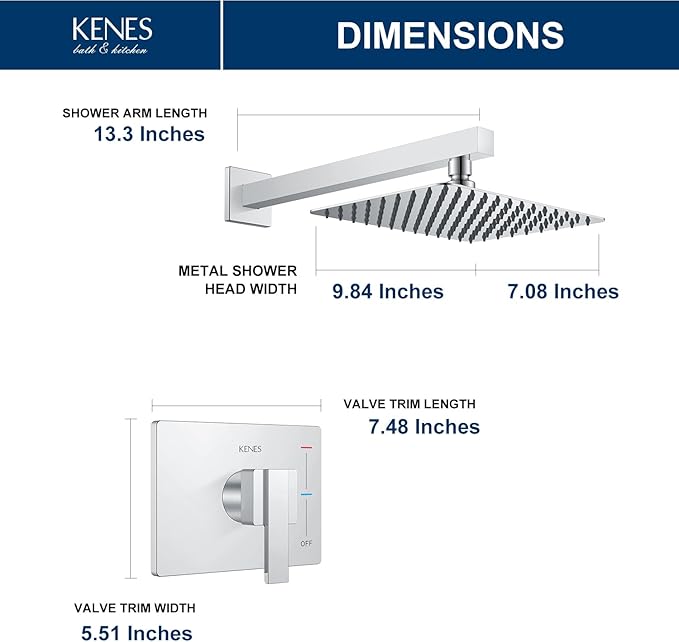 KENES Modern Polished Chrome 10-Inch Shower Head and Handle Set, Square Shower Faucet Set Bathroom Rainfall Shower System, KE-6024B-5 (Shower Valve Included)