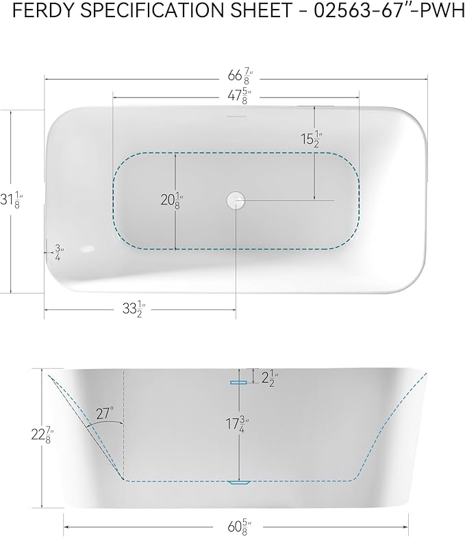 FerdY Maui 67" Acrylic Freestanding Bathtub, Contemporary Elegant Design Soaking Tub with Polished White Drain and Minimalist Linear Design Overflow, Easy to Install