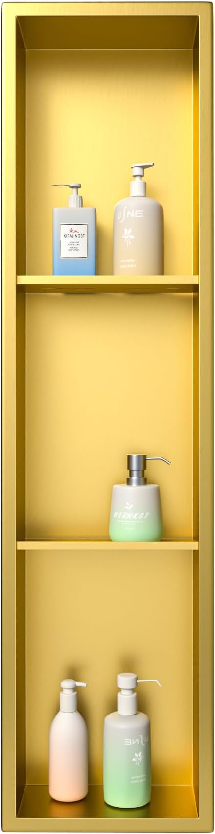 Stainless Steel Shower Niche 8"×36" with 3-Tier Shelve Gold No Tiled Needed Niche Shower for Wall Recessed Shower Shelf for Bathroom Storage