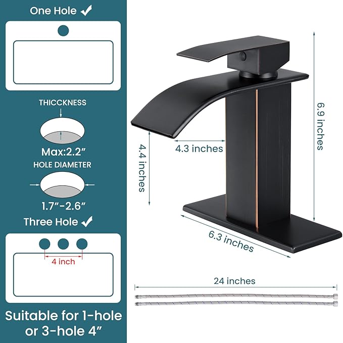Bathroom Faucets Oil Rubbed Bronze Waterfall Bathroom Sink Faucet Modern Single Handle Bathroom Faucet for 1 or 3 Hole Mxier Tap Washbasin Faucet with Deck, Pop-up Drain and Supply Hoses
