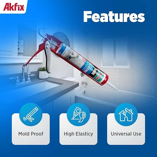 Akfix 100E RTV Grey Silicone Caulk (48x10.1 fl.oz.) - 100% Waterproof Silicone Sealant for Kitchen and Bathroom, Shower, Toilet, Sink, Window and Door, No Yellowing | Grey, 48 Pack