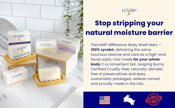 HARP pH-Balanced (5.0-6.0) Exfoliating Body Wash Bar - FRAGRANCE FREE. Bamboo Powder Exfoliation -the perfect consistency. Soap/Lye/Preservative/Dye/Masking agent-Free. Non-comedogenic.