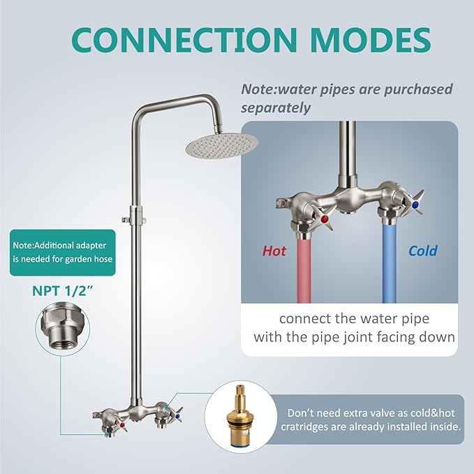 Aolemi Outdoor Shower Kit Outdoor Shower Fixtures Faucet System Double Handle Exposed Shower with 8 Inch Rainfall Shower Head Adjustable Height Shower Pipe 6 Inch Center Brushed Nickel