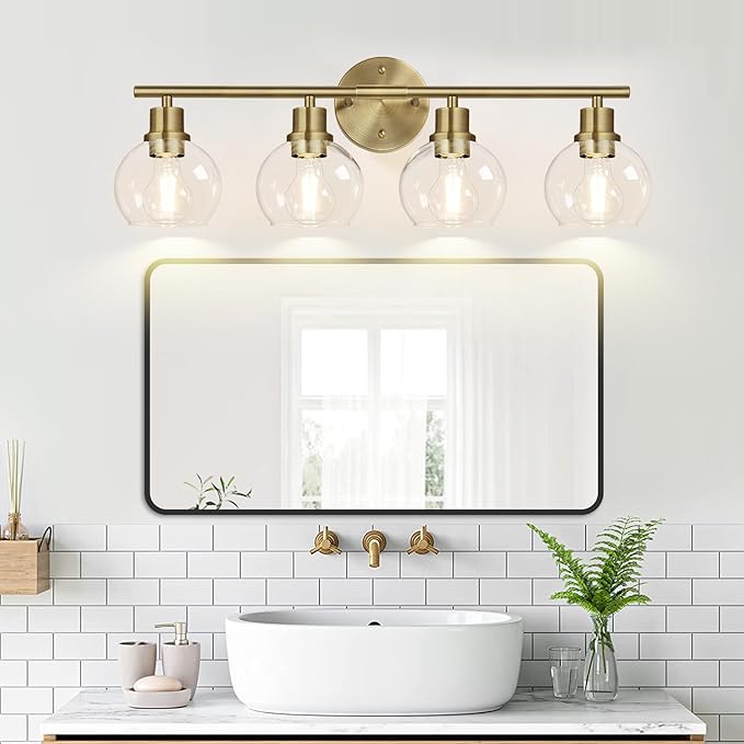 2024 Upgrade 4-Light Bathroom Light Fixtures, Brushed Brass Bathroom Lights Over Mirror with Clear Glass Globe Shade, Vanity Lights for Bathroom Kitchen Living Room Hallway Cabinet Bedroom Porch