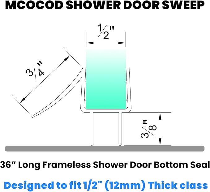 36" Shower Door Bottom Seal Strip for 1/2" (12mm) Glass – Ultra Clear Polycarbonate Shower Door Sweep, Single Pack