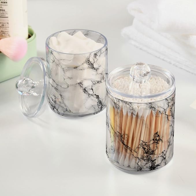 MNSRUU 4 Pack Qtip Holder Organizer Dispenser Stylish White Marble Texture Bathroom Containers Bathroom Vanity Storage Canister Apothecary Jars for Cotton Swabs/Pads/Floss
