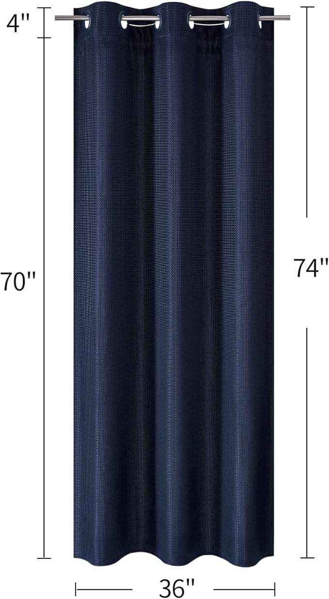 MitoVilla No Hooks Needed Small Stall Shower Curtain Liner Set 36 x 74, Navy Blue Waffle Half Size Narrow Waffle Weave Fabric Shower Curtain Set with Snap-in Liner for Modern Spa-Like Bathroom Decor