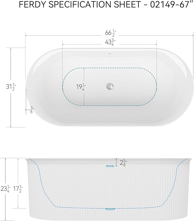 FerdY Nami 67" Acrylic Freestanding Bathtub, V Shape Freestanding Soaking Acrylic Bathtub, Modern White, cUPC Certified, Chrome Drain and Classic