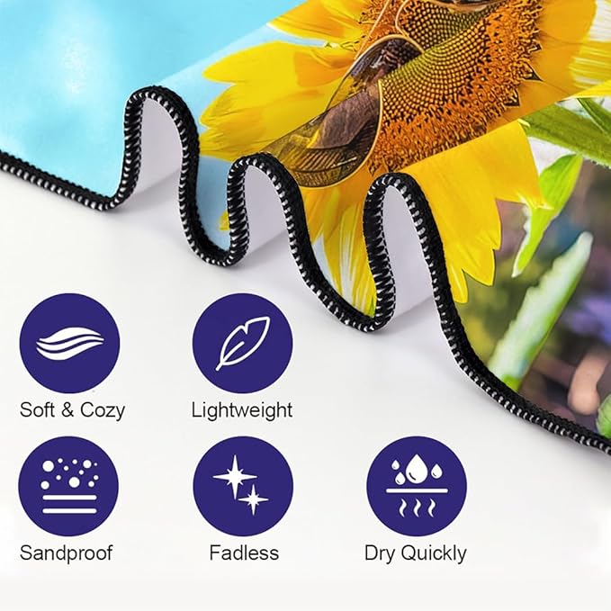 Vibrant Sunflower Beach Towel 36"x72" Quick-Dry Soft Microfiber with Sunlit Blue Sky Design