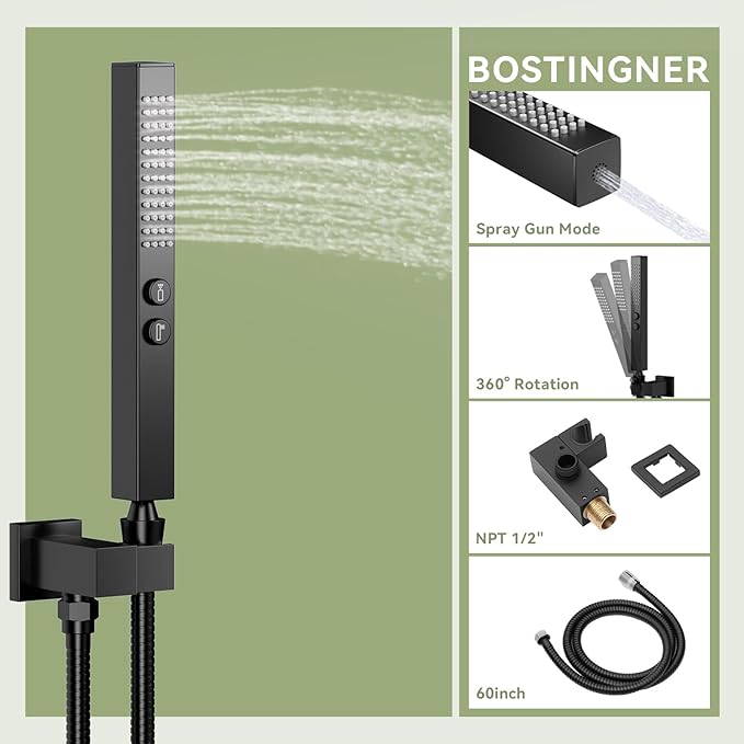 Shower Faucets Sets Shower System with Body Jets, Bostingner 10" Rain Shower Head with 2 In 1 Handheld Spray and 4 Jets, Wall Mounted All Metal 3 Way Shower Set with Valve and Trim Kit, Matte Black
