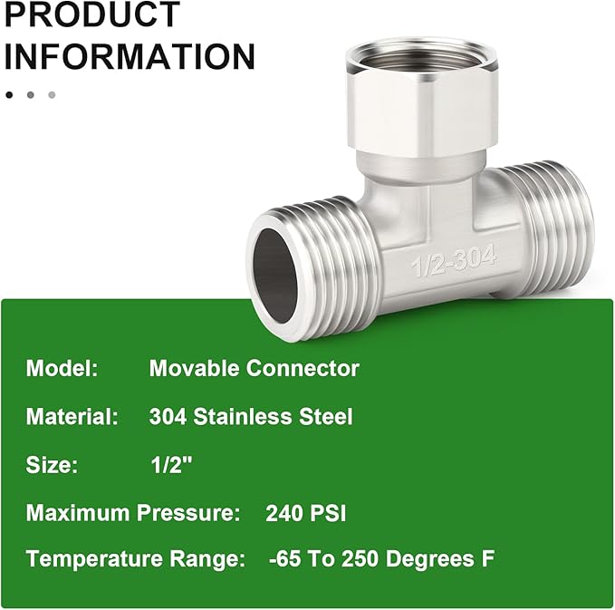 TAISHER 2PCS 304 Stainless Steel 3 Way Top Flexible Movable Tee Connector, 1/2" Male for Sprayer, Angled Valve, Shower Arm
