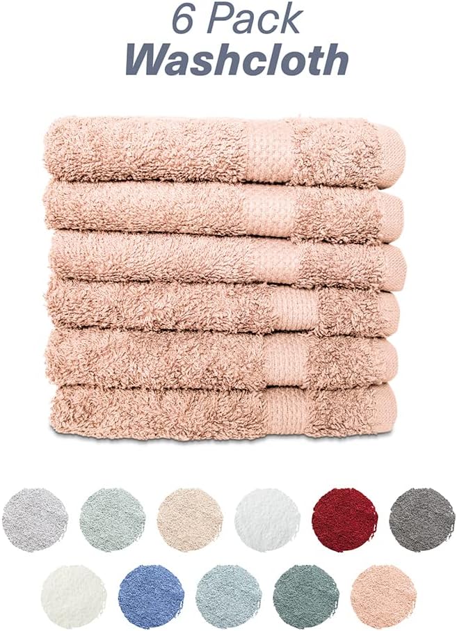Hencely Premium 6-Pack Washcloths 12x12 Inches Soft Turkish Cotton High Absorbent and Quick Dry Dishtowel for Kitchen and Bath (Wash Cloth 6 Pack, Peach)