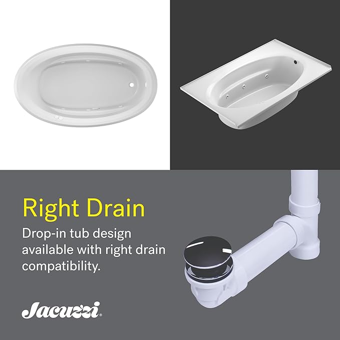Jacuzzi SIGNATURE Acrylic Drop-In Bathtub, Jet Massage Tub, Slip Resistant, Right Drain Placement, 66" (L) x 38" (W), Oval, White